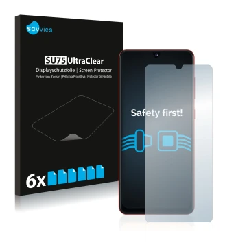 Vorderseite einer Produktverpackung mit dem Markenlogo Savvies. Daneben ist das Gerät Samsung Galaxy A31 mit dem zugehörigen D
