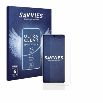 Vorderseite einer Produktverpackung mit dem Markenlogo Savvies. Daneben ist das Gerät Samsung Galaxy A41 mit dem zugehörigen D