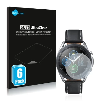 Vorderseite einer Produktverpackung mit dem Markenlogo Savvies. Daneben ist das Gerät Samsung Galaxy Watch 3 (41mm) mit dem zu