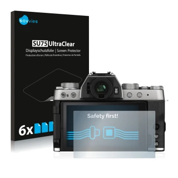 Vorderseite einer Produktverpackung mit dem Markenlogo Savvies. Daneben ist das Gerät Fujifilm X-T200 mit dem zugehörigen Disp