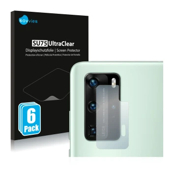 Vorderseite einer Produktverpackung mit dem Markenlogo Savvies. Daneben ist das Gerät Huawei P40 Pro (NUR Kameraschutz) mit de