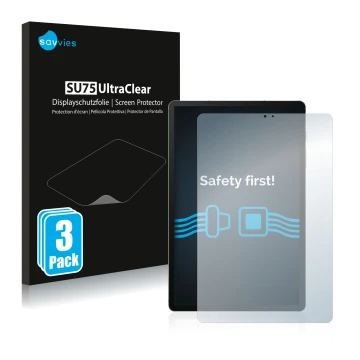 Vorderseite einer Produktverpackung mit dem Markenlogo Savvies. Daneben ist das Gerät Samsung Galaxy Tab S6 2020 mit dem zugeh