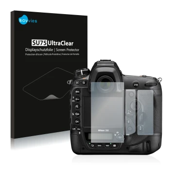 Vorderseite einer Produktverpackung mit dem Markenlogo Savvies. Daneben ist das Gerät Nikon D6 mit dem zugehörigen Displayschu