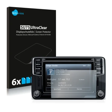 Vorderseite einer Produktverpackung mit dem Markenlogo Savvies. Daneben ist das Gerät Volkswagen Caddy 2015 Discover Media 6.5