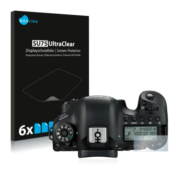 Vorderseite einer Produktverpackung mit dem Markenlogo Savvies. Daneben ist das Gerät Canon EOS 6D (Schulterdisplay) mit dem z