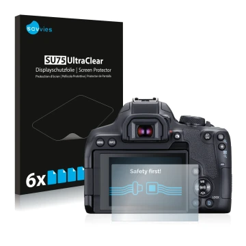 Vorderseite einer Produktverpackung mit dem Markenlogo Savvies. Daneben ist das Gerät Canon EOS 850D mit dem zugehörigen Displ