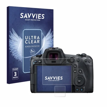Vorderseite einer Produktverpackung mit dem Markenlogo Savvies. Daneben ist das Gerät Canon EOS R5 mit dem zugehörigen Display