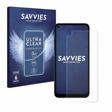 Vorderseite einer Produktverpackung mit dem Markenlogo Savvies. Daneben ist das Gerät LG K61 mit dem zugehörigen Displayschutz