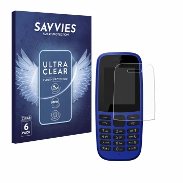 Vorderseite einer Produktverpackung mit dem Markenlogo Savvies. Daneben ist das Gerät Nokia 105 DS 2019 mit dem zugehörigen Di