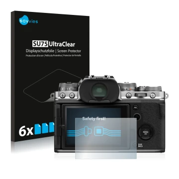 Vorderseite einer Produktverpackung mit dem Markenlogo Savvies. Daneben ist das Gerät Fujifilm X-T4 mit dem zugehörigen Displa