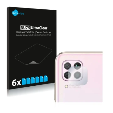 Vorderseite einer Produktverpackung mit dem Markenlogo Savvies. Daneben ist das Gerät Huawei P40 lite (NUR Kameraschutz) mit d