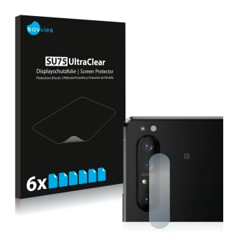 Vorderseite einer Produktverpackung mit dem Markenlogo Savvies. Daneben ist das Gerät Sony Xperia 1 II (NUR Kameraschutz) mit 