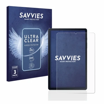 Vorderseite einer Produktverpackung mit dem Markenlogo Savvies. Daneben ist das Gerät Samsung Galaxy Tab S6 Lite LTE 2020 mit 