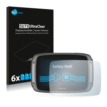 Vorderseite einer Produktverpackung mit dem Markenlogo Savvies. Daneben ist das Gerät TomTom Rider 50 mit dem zugehörigen Disp