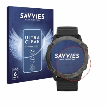 Vorderseite einer Produktverpackung mit dem Markenlogo Savvies. Daneben ist das Gerät Garmin Fenix 6X Pro Solar mit dem zugehö