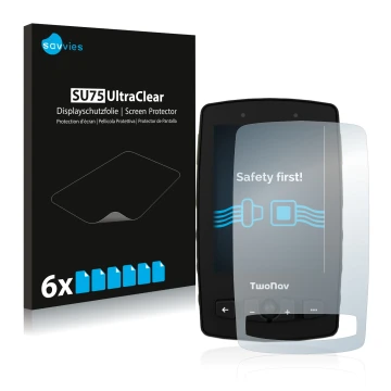 Vorderseite einer Produktverpackung mit dem Markenlogo Savvies. Daneben ist das Gerät TwoNav Aventura 2 mit dem zugehörigen Di