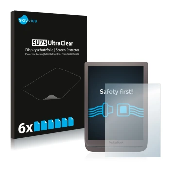 Vorderseite einer Produktverpackung mit dem Markenlogo Savvies. Daneben ist das Gerät PocketBook InkPad 3 Pro mit dem zugehöri