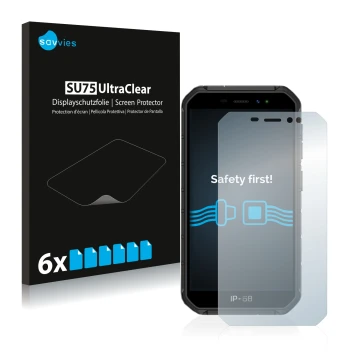 Vorderseite einer Produktverpackung mit dem Markenlogo Savvies. Daneben ist das Gerät Ulefone Armor X7 mit dem zugehörigen Dis