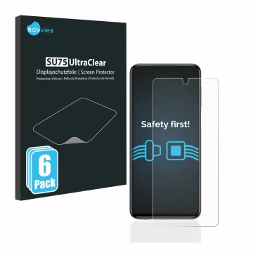 Vorderseite einer Produktverpackung mit dem Markenlogo Savvies. Daneben ist das Gerät Xiaomi Redmi Note 9S mit dem zugehörigen