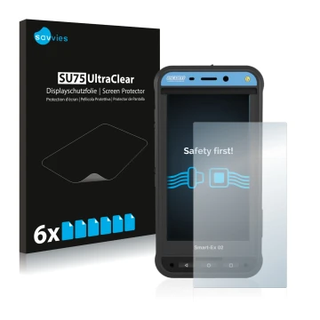 Vorderseite einer Produktverpackung mit dem Markenlogo Savvies. Daneben ist das Gerät Ecom Smart-Ex 02 DZ1 mit dem zugehörigen