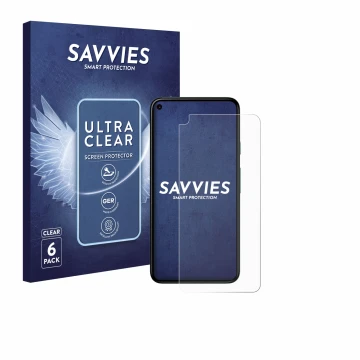 Vorderseite einer Produktverpackung mit dem Markenlogo Savvies. Daneben ist das Gerät Google Pixel 5 mit dem zugehörigen Displ