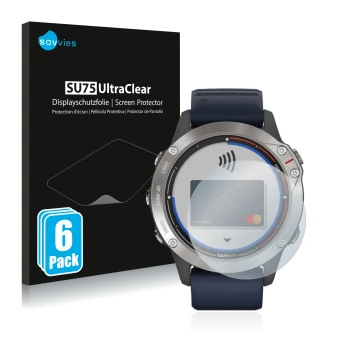 Vorderseite einer Produktverpackung mit dem Markenlogo Savvies. Daneben ist das Gerät Garmin quatix 6 mit dem zugehörigen Disp