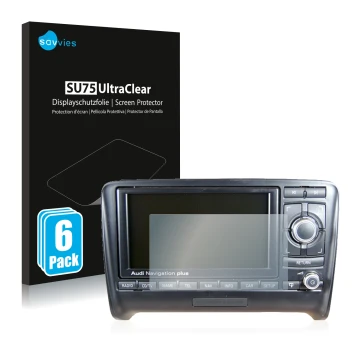 Vorderseite einer Produktverpackung mit dem Markenlogo Savvies. Daneben ist das Gerät Audi A3 8P 2004-2012 RNS-E mit dem zugeh