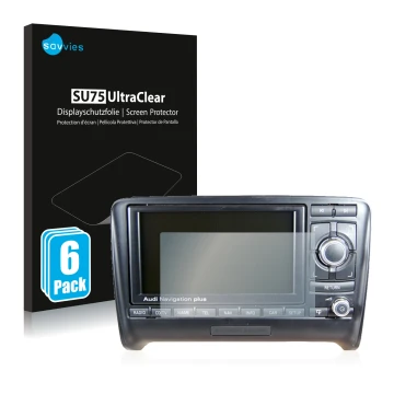 Vorderseite einer Produktverpackung mit dem Markenlogo Savvies. Daneben ist das Gerät Audi A4 8E 2004-2009 RNS-E mit dem zugeh