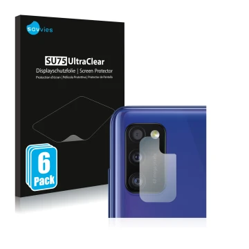 Vorderseite einer Produktverpackung mit dem Markenlogo Savvies. Daneben ist das Gerät Samsung Galaxy A41 (NUR Kameraschutz) mi
