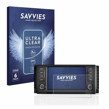 Vorderseite einer Produktverpackung mit dem Markenlogo Savvies. Daneben ist das Gerät Seat Leon 5F 2018 Media System Plus 2016