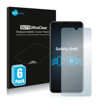 Vorderseite einer Produktverpackung mit dem Markenlogo Savvies. Daneben ist das Gerät Huawei P smart 2020 mit dem zugehörigen 