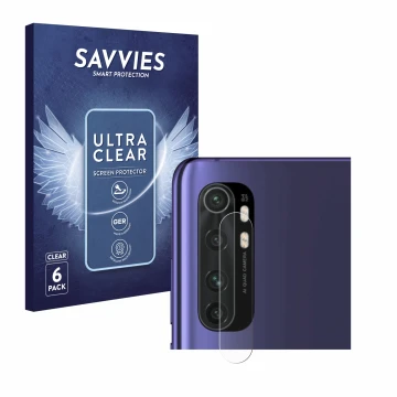 Vorderseite einer Produktverpackung mit dem Markenlogo Savvies. Daneben ist das Gerät Xiaomi Mi Note 10 Lite (NUR Kameraschutz