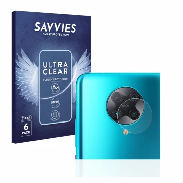 Vorderseite einer Produktverpackung mit dem Markenlogo Savvies. Daneben ist das Gerät Xiaomi Poco F2 Pro (NUR Kameraschutz) mi