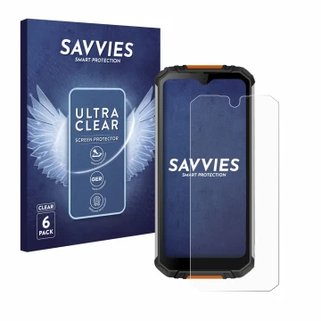 Vorderseite einer Produktverpackung mit dem Markenlogo Savvies. Daneben ist das Gerät Oukitel WP6 mit dem zugehörigen Displays
