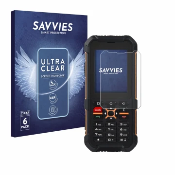 Vorderseite einer Produktverpackung mit dem Markenlogo Savvies. Daneben ist das Gerät RugGear RG170 mit dem zugehörigen Displa