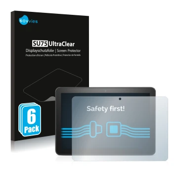 Vorderseite einer Produktverpackung mit dem Markenlogo Savvies. Daneben ist das Gerät Amazon Fire HD 8 Plus 2020 (10. Gen.) mi