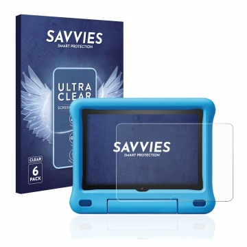 Vorderseite einer Produktverpackung mit dem Markenlogo Savvies. Daneben ist das Gerät Amazon Fire HD 8 Kids Edition 2020 (10. 
