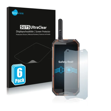 Vorderseite einer Produktverpackung mit dem Markenlogo Savvies. Daneben ist das Gerät Ulefone Armor 3w mit dem zugehörigen Dis