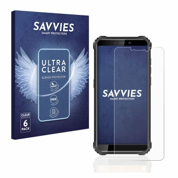 Vorderseite einer Produktverpackung mit dem Markenlogo Savvies. Daneben ist das Gerät Oukitel WP5 mit dem zugehörigen Displays