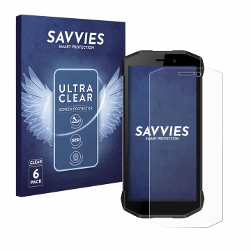 Vorderseite einer Produktverpackung mit dem Markenlogo Savvies. Daneben ist das Gerät Evolveo Strongphone G5 mit dem zugehörig