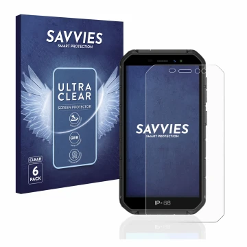 Vorderseite einer Produktverpackung mit dem Markenlogo Savvies. Daneben ist das Gerät Ulefone Armor X7 Pro mit dem zugehörigen