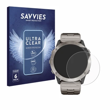 Vorderseite einer Produktverpackung mit dem Markenlogo Savvies. Daneben ist das Gerät Garmin quatix 6x Solar mit dem zugehörig