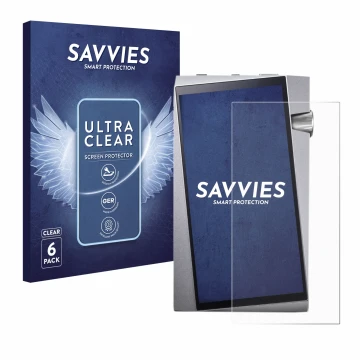 Vorderseite einer Produktverpackung mit dem Markenlogo Savvies. Daneben ist das Gerät Astell&Kern A&norma SR25 mit dem zugehör