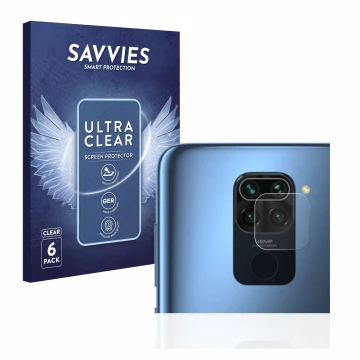 Vorderseite einer Produktverpackung mit dem Markenlogo Savvies. Daneben ist das Gerät Xiaomi Redmi Note 9 (NUR Kameraschutz) m