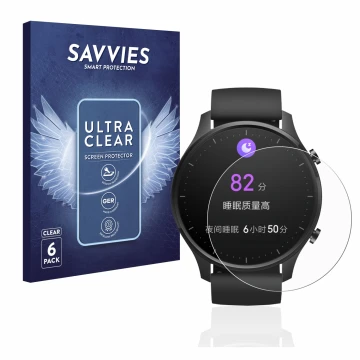 Vorderseite einer Produktverpackung mit dem Markenlogo Savvies. Daneben ist das Gerät Xiaomi Mi Watch Revolve mit dem zugehöri