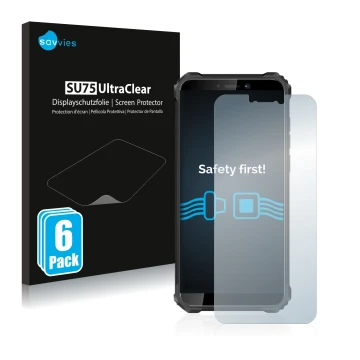 Vorderseite einer Produktverpackung mit dem Markenlogo Savvies. Daneben ist das Gerät Oukitel WP5 Pro mit dem zugehörigen Disp