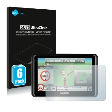 Vorderseite einer Produktverpackung mit dem Markenlogo Savvies. Daneben ist das Gerät Snooper Truckmate S6900 mit dem zugehöri