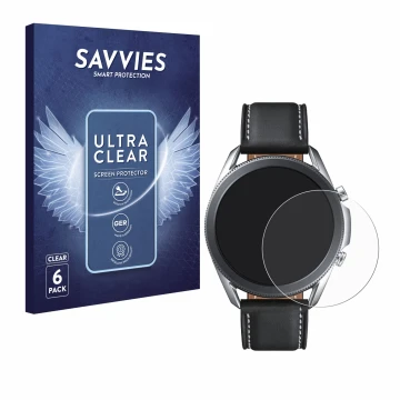 Vorderseite einer Produktverpackung mit dem Markenlogo Savvies. Daneben ist das Gerät Samsung Galaxy Watch 3 (45mm) mit dem zu