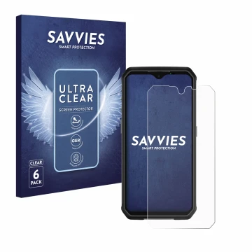 Vorderseite einer Produktverpackung mit dem Markenlogo Savvies. Daneben ist das Gerät Ulefone Armor 9 mit dem zugehörigen Disp