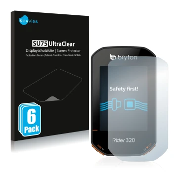Vorderseite einer Produktverpackung mit dem Markenlogo Savvies. Daneben ist das Gerät Bryton Rider 320 mit dem zugehörigen Dis
